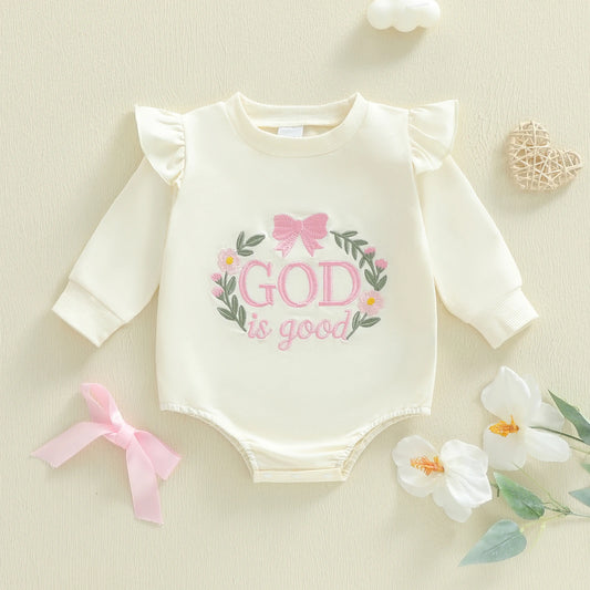 Baby Girl God Is GoodCasual Romper Long Sleeve O Neck Letter Embroidery Sweatshirt Romper