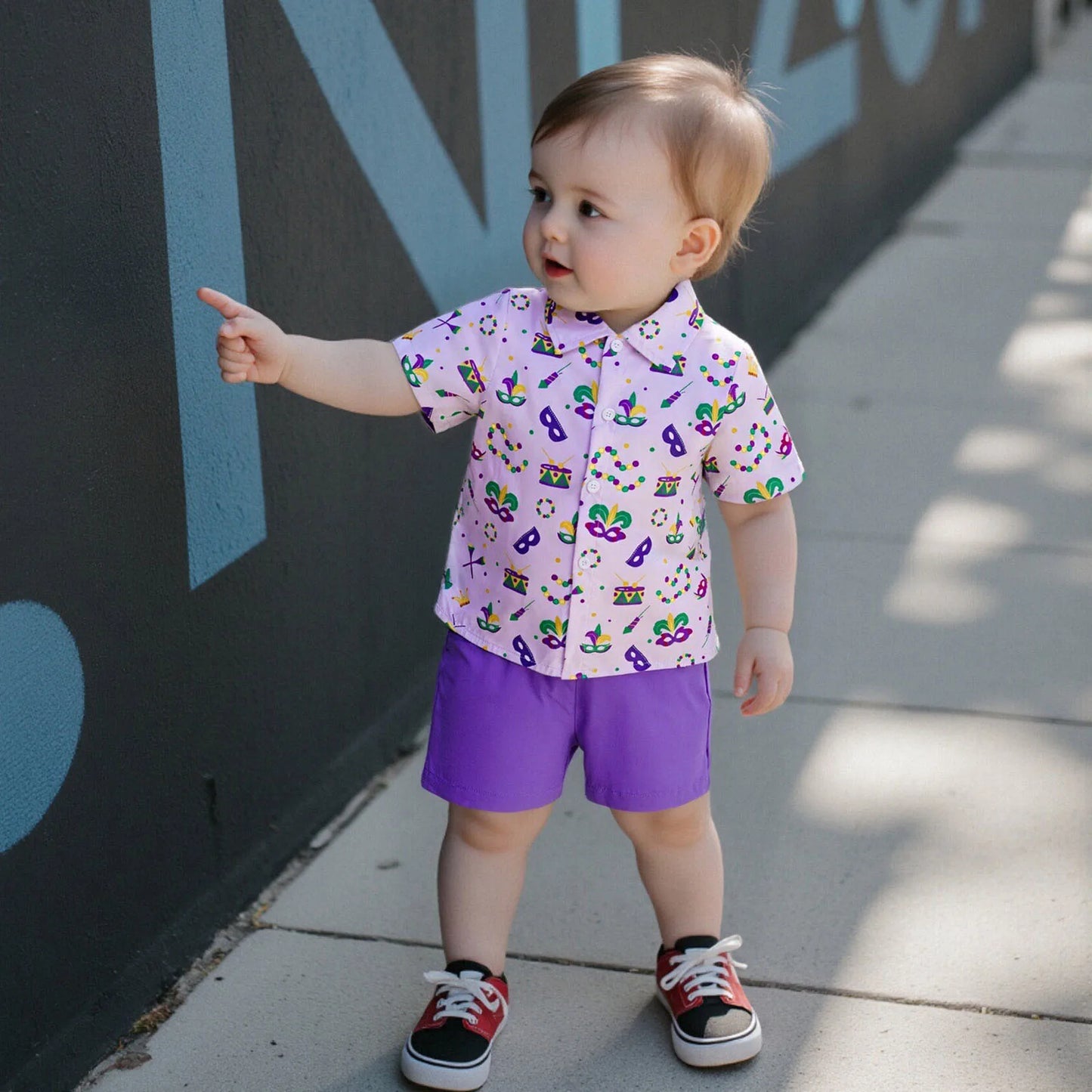 Toddler Little Boy Mardi Gras Outfit Printed Short Sleeve Button-up Shirt and Solid Elastic Waist Shorts 2 Piece Set