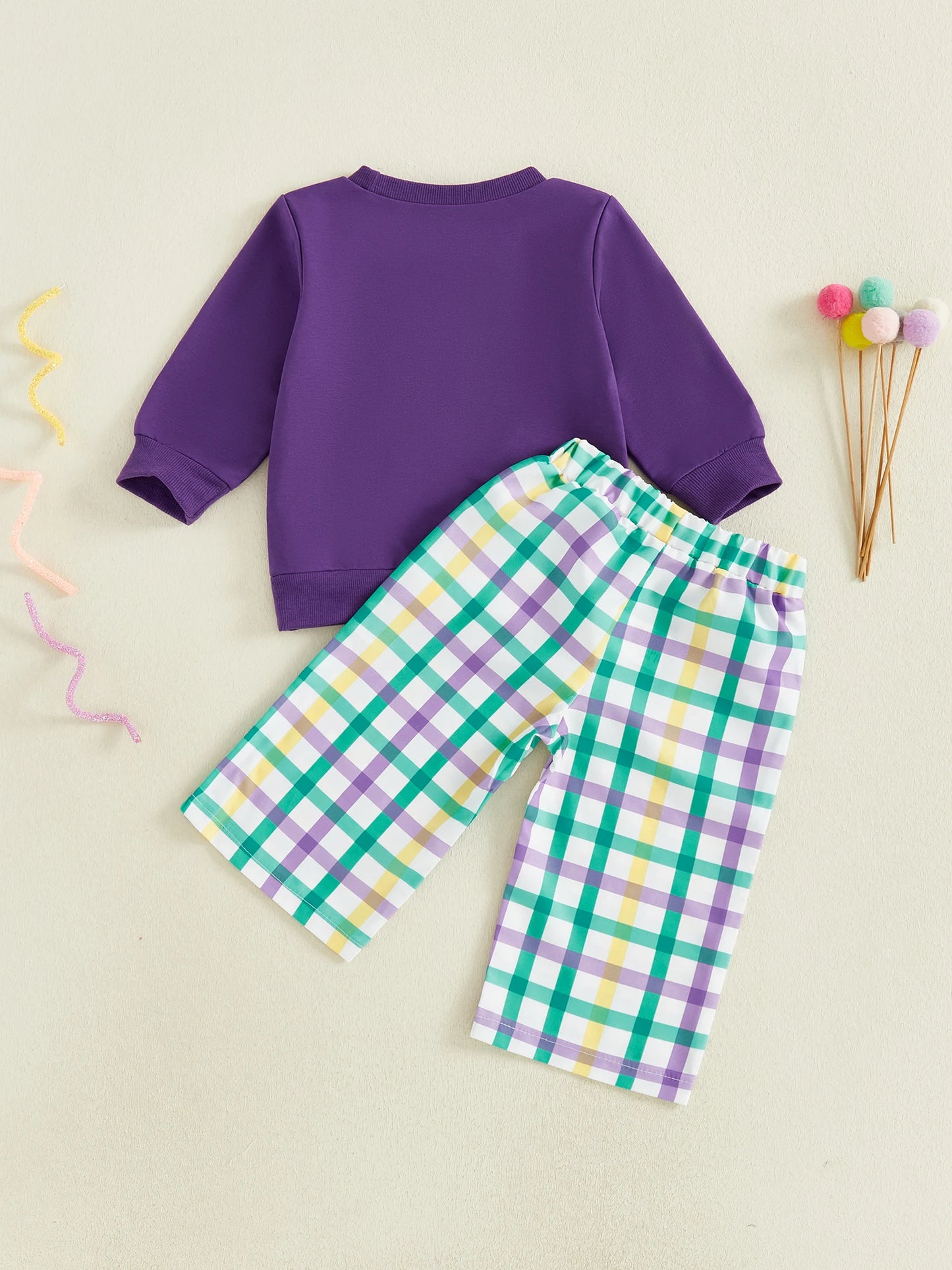Toddler Baby Mardi Gras Outfits Embroidery Long Sleeve Round Neck Pullover Elastic Waist Plaid Pants 2 Pcs Set