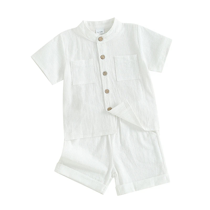 Kids Boys Summer Linen Outfits Solid Color Buttons Short Sleeve Tops and Elastic Waist Shorts 2Pcs Clothes Set