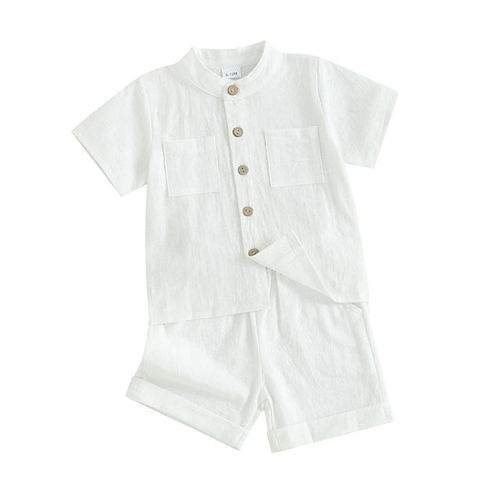 Kids Boys Summer Linen Outfits Solid Color Buttons Short Sleeve Tops and Elastic Waist Shorts 2Pcs Clothes Set