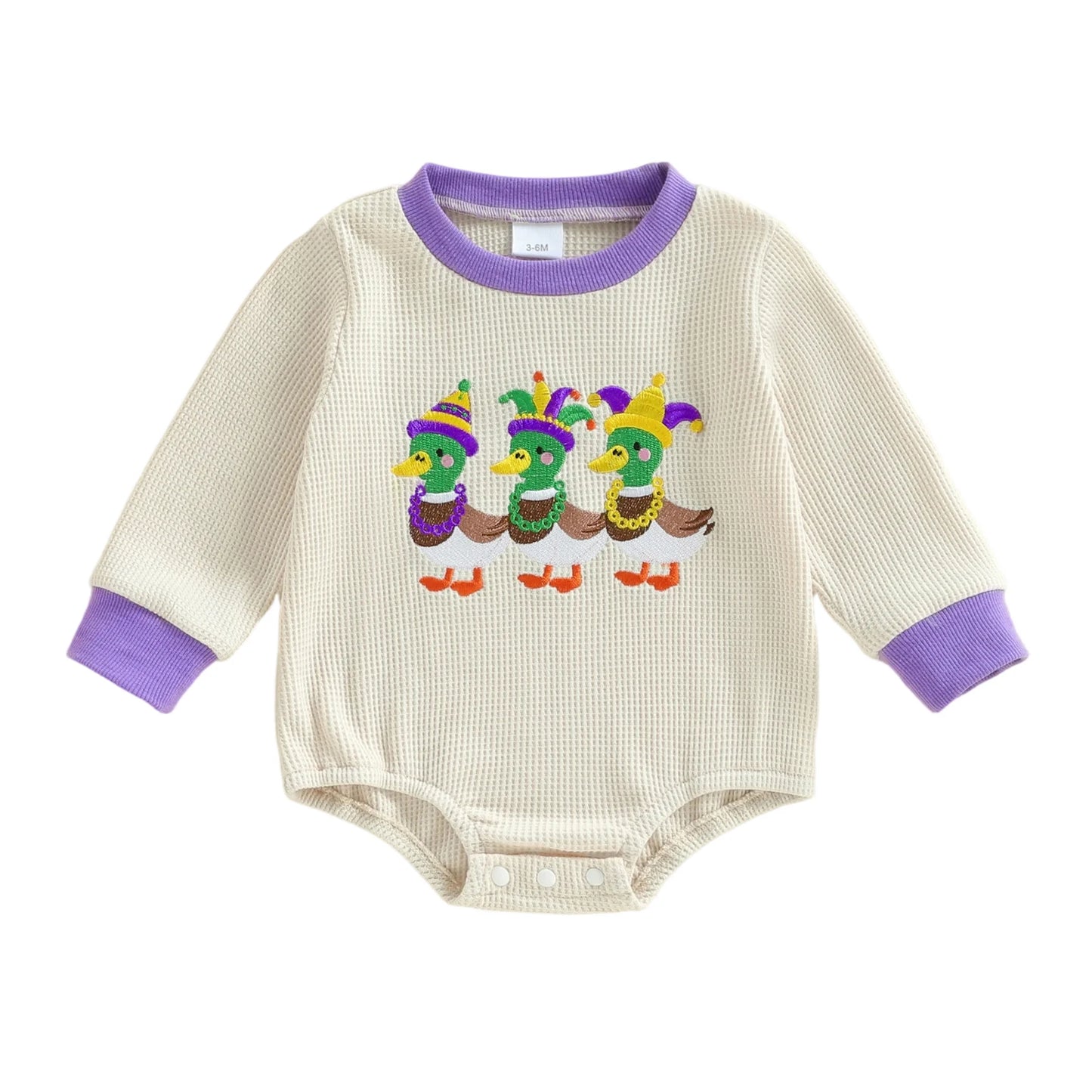 Embroidery Mardi Gras jumpsuit Infant Long Sleeve Crewneck Duck Embroidery Mardi Gras Romper
