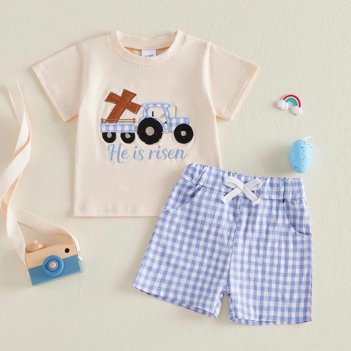 2Pcs Baby Boy Easter Outfits Short Sleeve Cross Truck Embroidery T-Shirt + Shorts Set Toddler Clothes