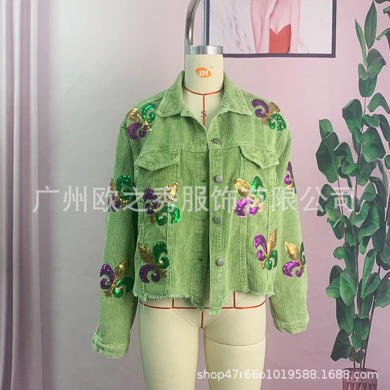 Corduroy Women Mardi Gras Jacket Iris Glitter Cardigan Purple Lapels Single Breasted Spliced Women's Coat Jackets