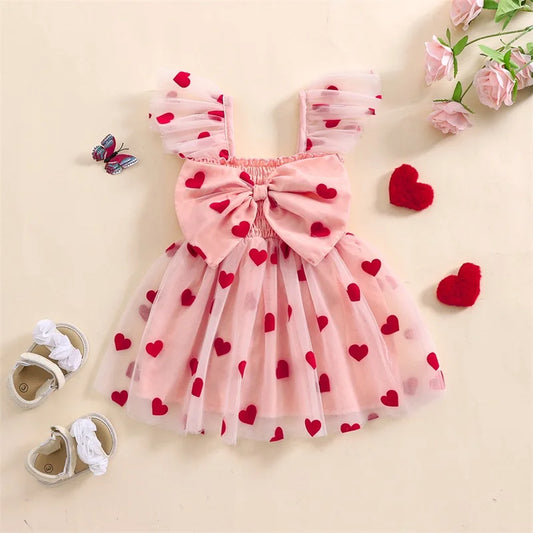 2024-10-24 Lioraitiin 6M-4Y Summer Toddler Girls Tulle Dress Heart 3D Bow Flutter Sleeve A-Line Spring Valentine's Day Dresses