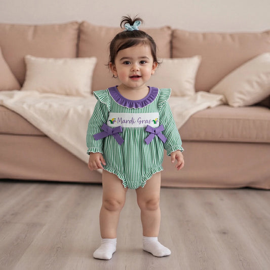 Baby Girls Mardi Gras Bubble Romper Fashionable Cute Mardi Gras Letters Embroidery Long Sleeve Ruffle Jumpsuit