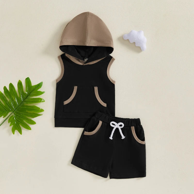 Toddler Baby Boy Shorts Set Contrast Color Sleeveless Hooded Tank Tops Elastic Waist Shorts Summer Outfit