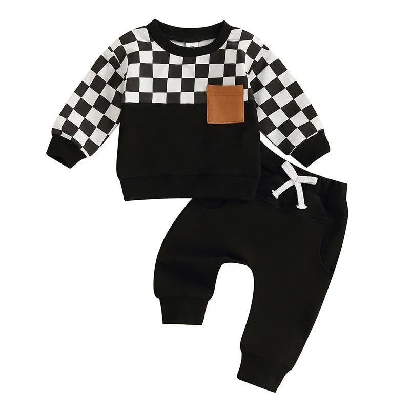 Toddler Boy Fall Clothes Checkerboard Print Long Sleeve Pocket Sweatshirt with Solid Color Pants 2Pcs Outfits