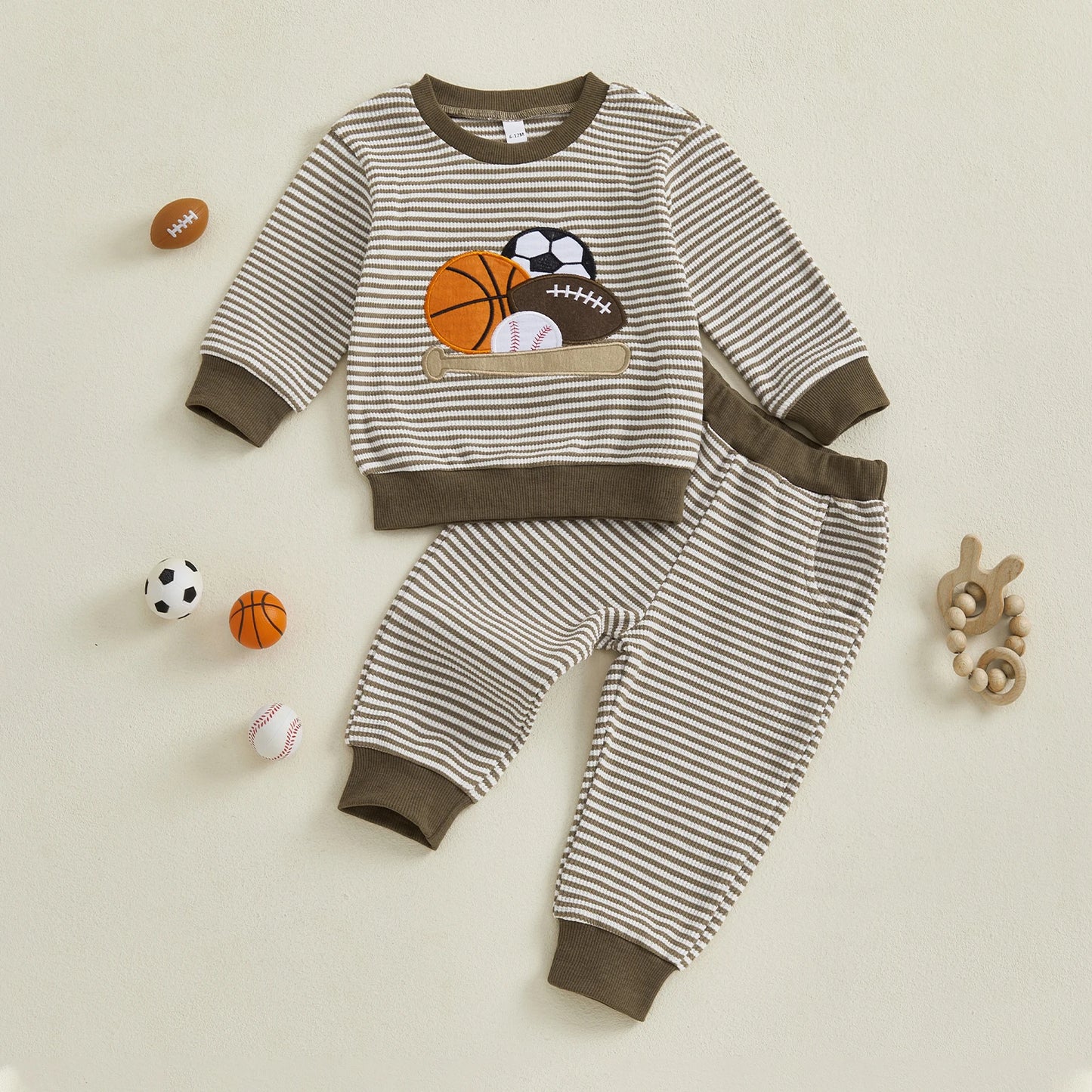 Lioraitiin Toddler Baby Boy Fall Outfit Rugby Embroidery Striped Long Sleeve Sweatshirt and Elastic Pants 2 Piece Clothes