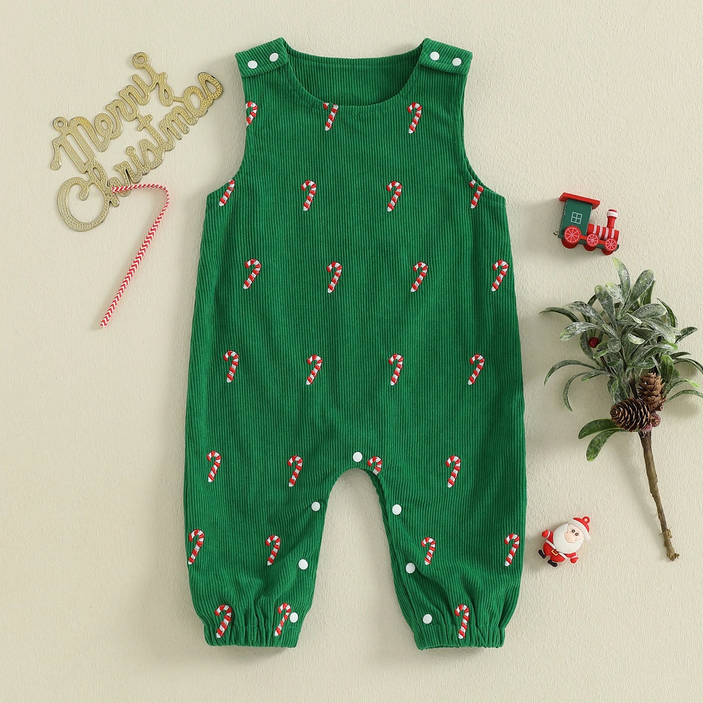 Boys Girls Christmas Romper Sleeveless Round Neck Candy Cane Embroidery Jumpsuit