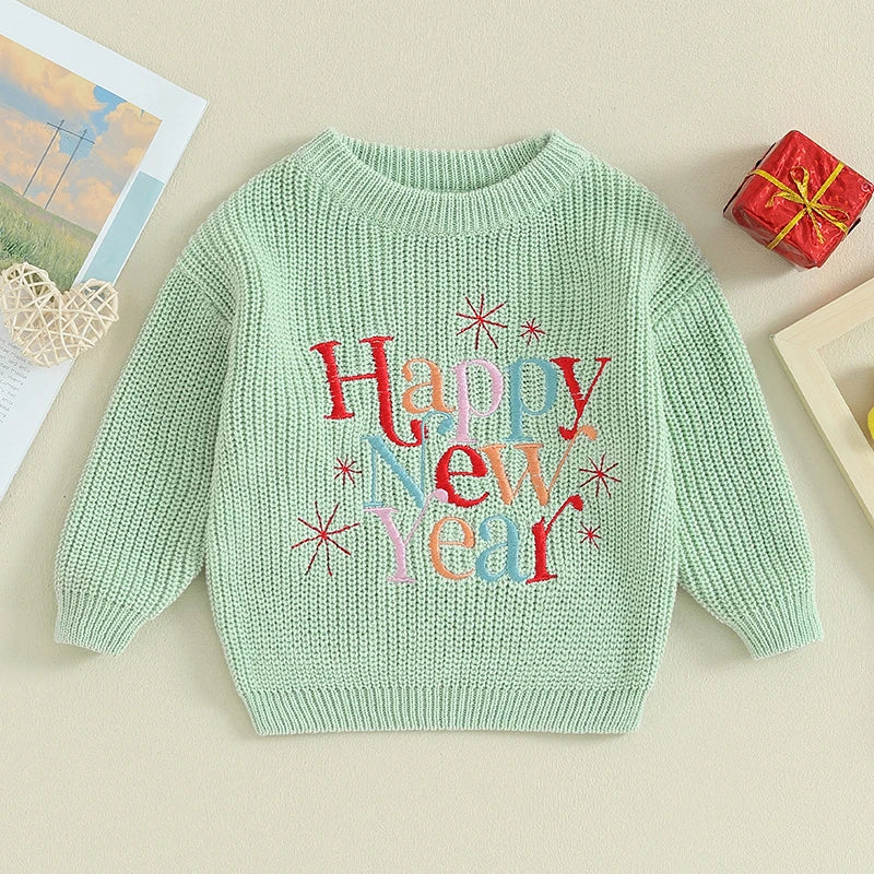 Baby Boy Girl New Year Outfit Long Sleeve Crewneck Letter Embroidery Sweater Tops Infant Winter Clothes