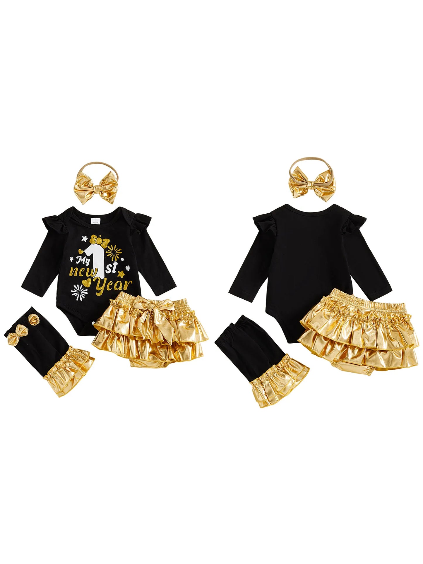 Baby Girl New Year Outfits Letter Long Sleeve Romper Metallic Luster Tiered Shorts Bow Headband Leg Warmer