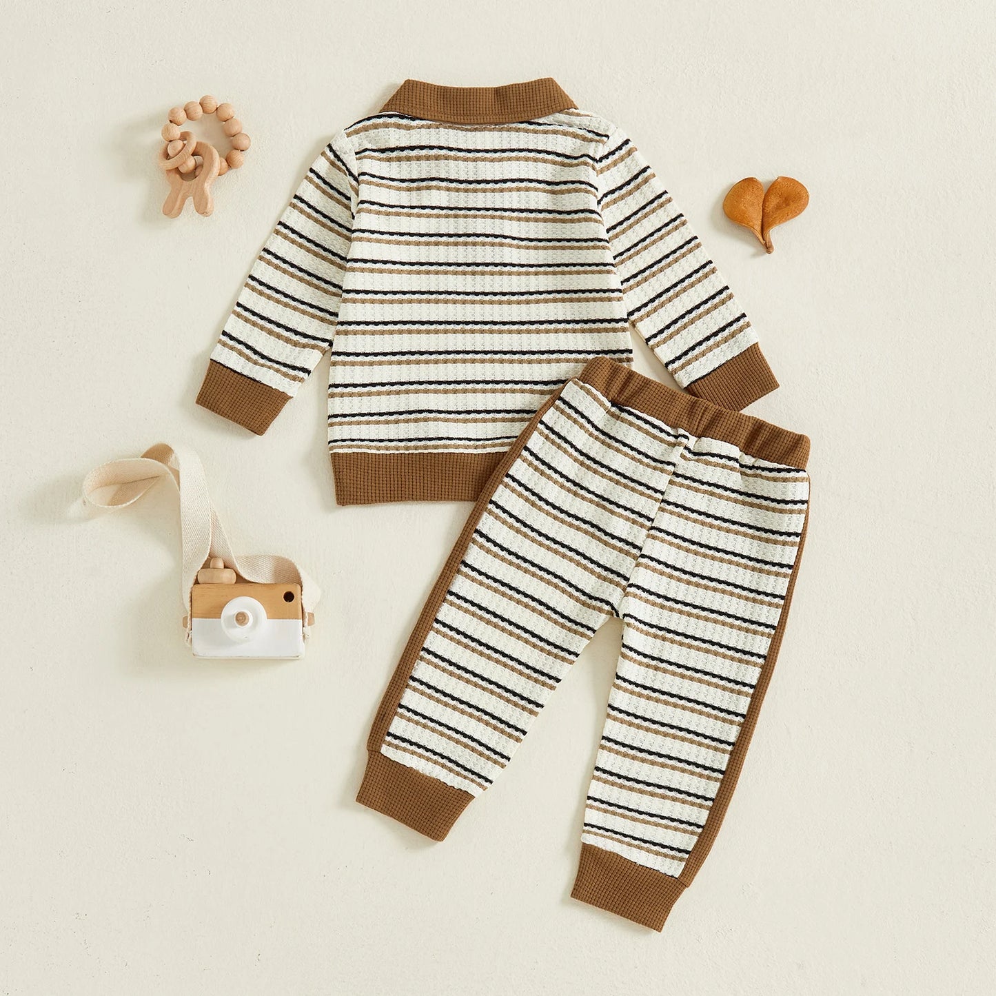 Toddler Boy Fall Outfits Stripe Long Sleeve Lapel Button Pullover + Elastic Waist Pants 2Pcs Set