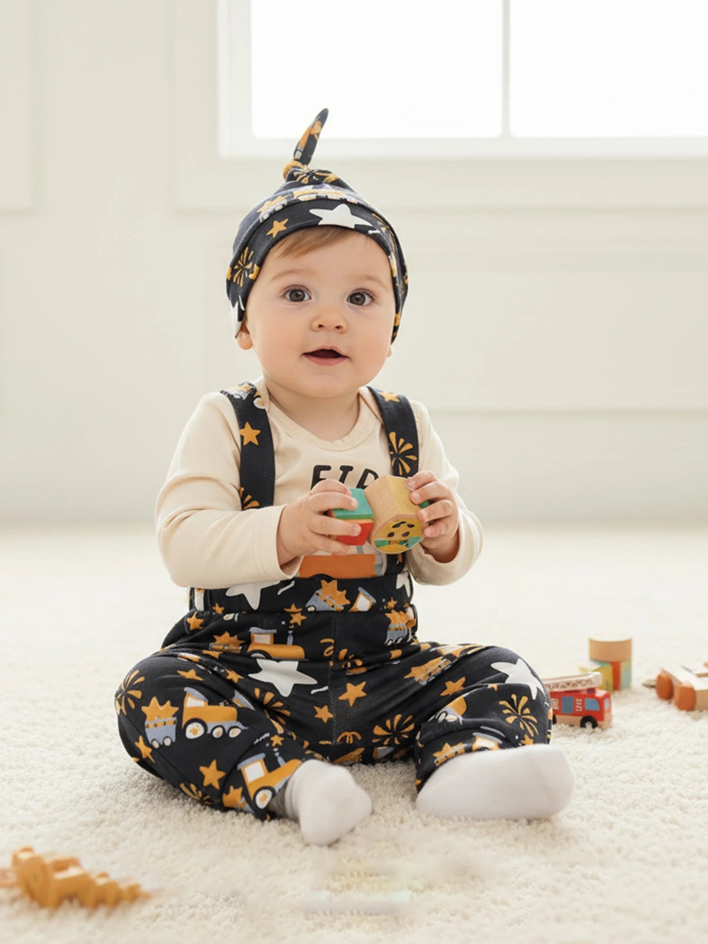 Baby Boy Outfit Long Sleeve Letters Print Romper with Firework Overall Pants and Hat New Year Infant Outfit
