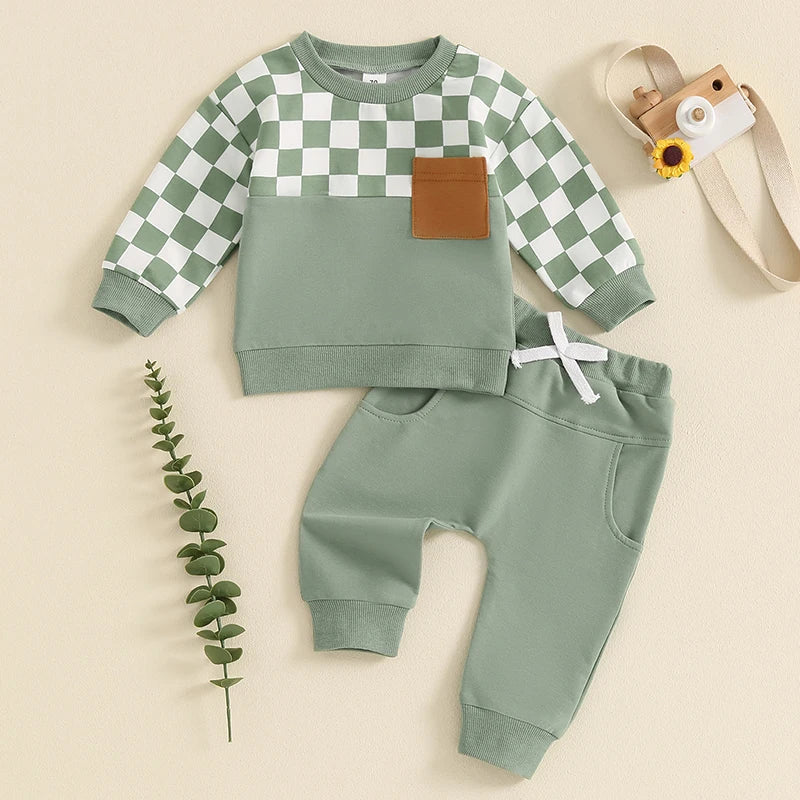 Toddler Boy Fall Clothes Checkerboard Print Long Sleeve Pocket Sweatshirt with Solid Color Pants 2Pcs Outfits