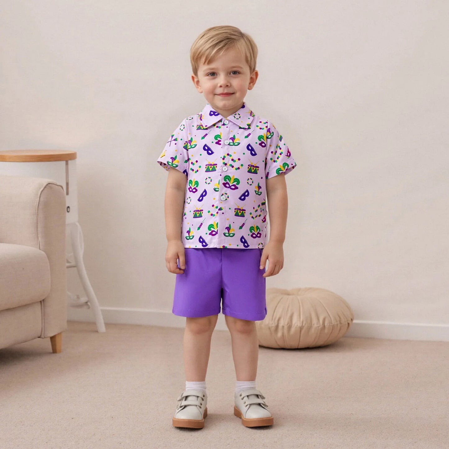 Toddler Little Boy Mardi Gras Outfit Printed Short Sleeve Button-up Shirt and Solid Elastic Waist Shorts 2 Piece Set