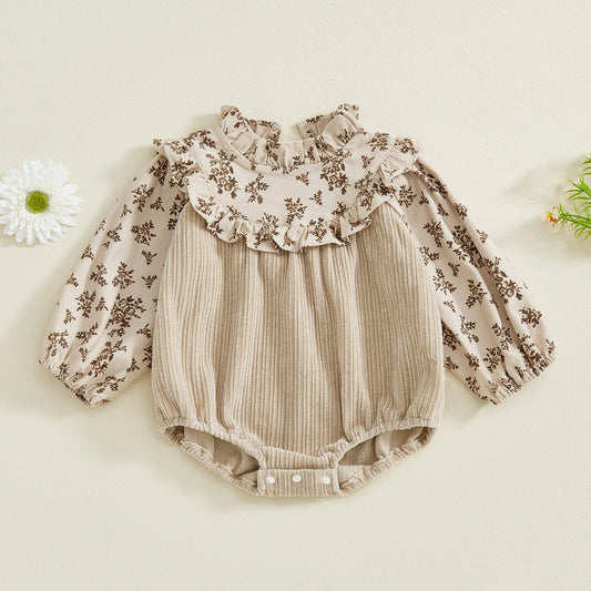 Baby Girls Fall Romper Floral Print Patchwork Long Sleeve Ruffled Frill Mock Neck Ruffled Jumpsuit