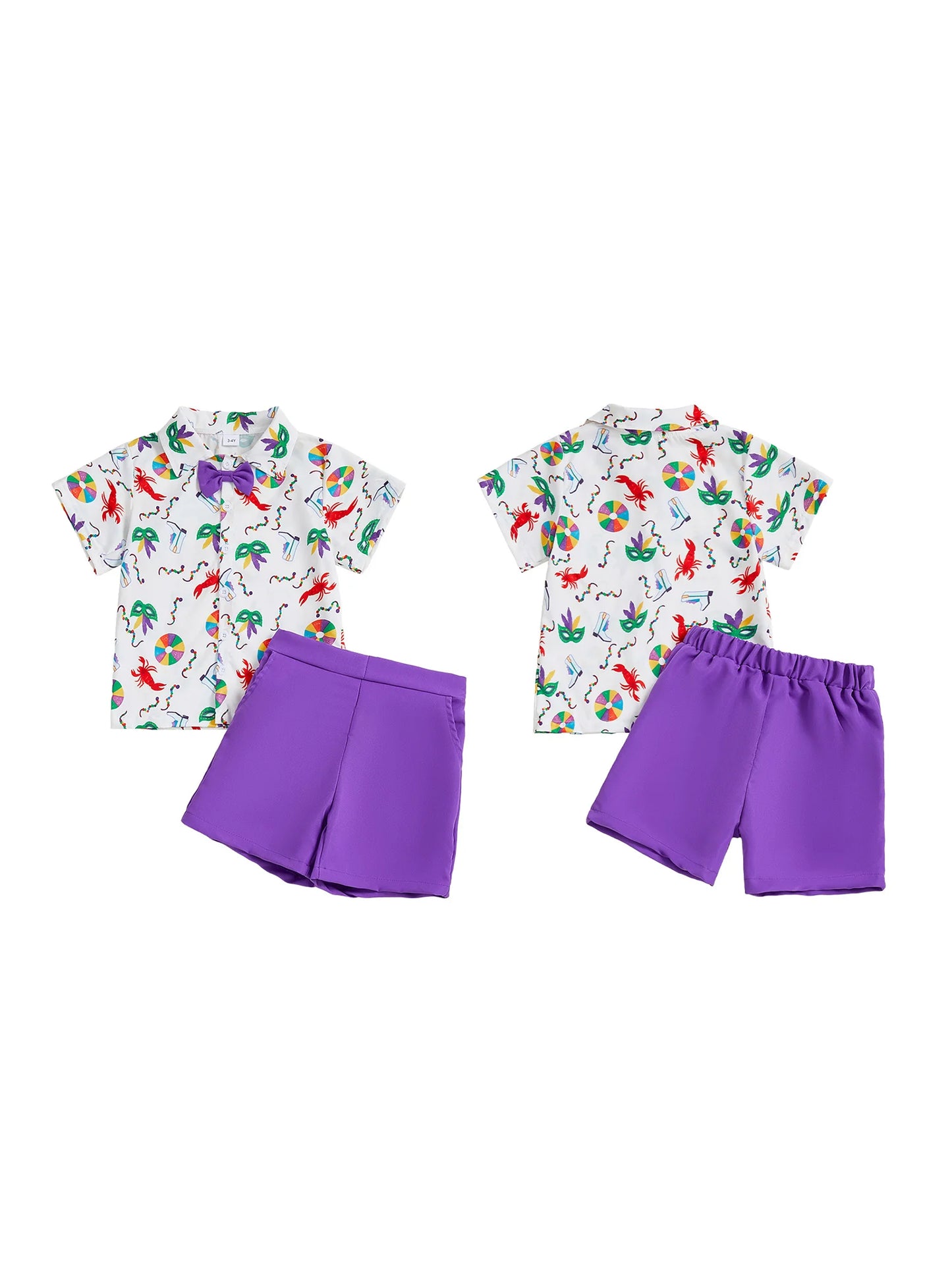 Toddler Boy Mardi Gras Outfit Facewear Print Short Sleeve Bowtie Shirt Solid Elastic Waist Shorts 2 Piece Gentleman Set