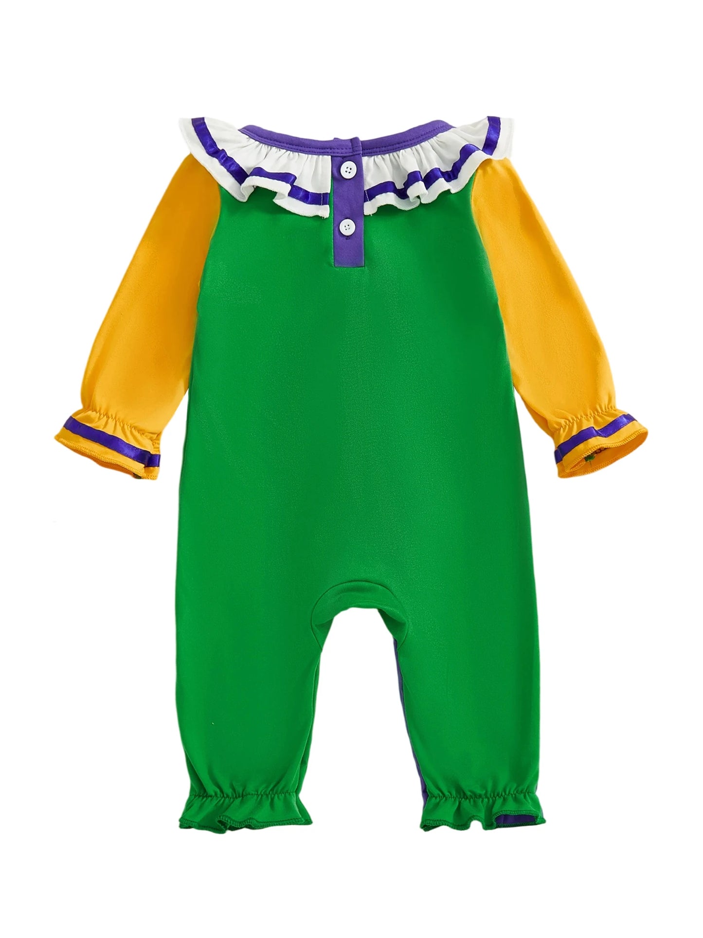 Mardi Gras Themed Romper Contrast Color Ruffled Neckline Long Sleeve Facewear Print Jumpsuit