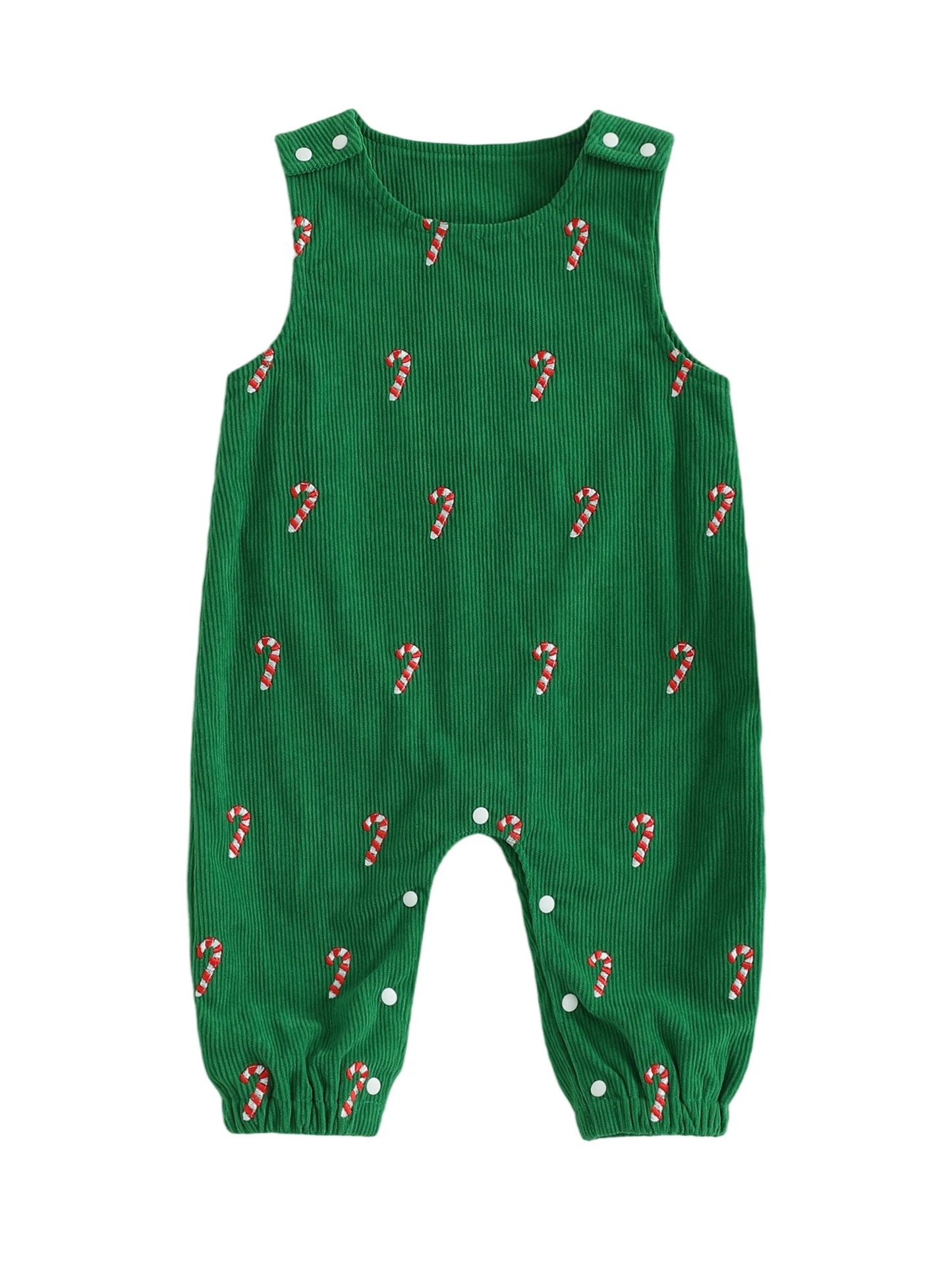 Boys Girls Christmas Romper Sleeveless Round Neck Candy Cane Embroidery Jumpsuit