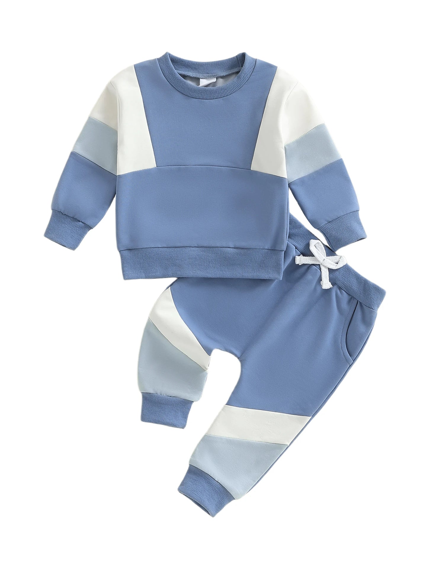 2Pcs Toddler Boy Fall Outfits Long Sleeve Crew Neck Patchwork Pullover Sweatshirt and Joggers Pants Set