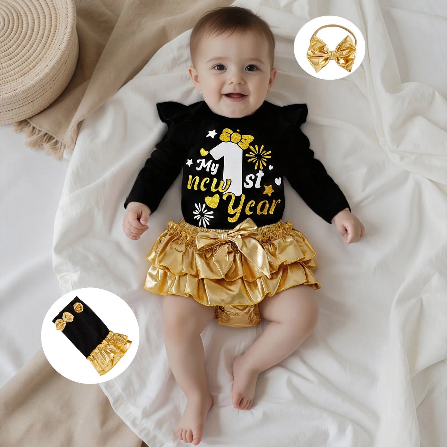 Baby Girl New Year Outfits Letter Long Sleeve Romper Metallic Luster Tiered Shorts Bow Headband Leg Warmer